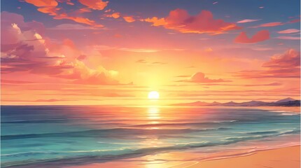 Naklejka na ściany i meble Sunset or sunrise on the beach. Cartoon or anime illustration style. seamless looping 4K time-lapse virtual video animation background.