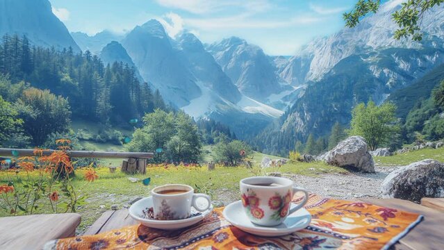 On the table a cup of coffee near the garden. seamless looping time-lapse animation video background