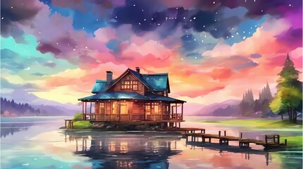 Beautiful wooden house on the lake. Cartoon watercolor painting illustration style. Fantasy sky with colorful smoke. Suitable for Wallpaper.