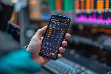 Close-up of hand holding phone displaying stock charts