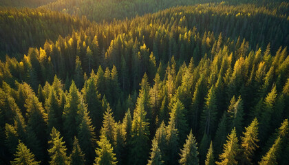 Spruce landscape from a breathtaking aerial perspective showcase the symmetrical patterns of the dense forest canopy, with sunlight filtering through in golden shafts
