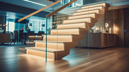 A trendy pine wood staircase with transparent glass sides, subtly lit by discreet LED lighting...
