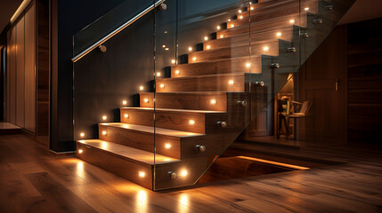 A trendy wooden staircase with transparent glass balustrades, softly illuminated by LED lights...