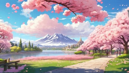 Scenic anime landscape of a cherry blossom-filled park with a traditional school in the background. 