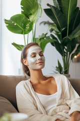 Fototapeta premium Spa salon accessories. Rest and relaxation. Skin care product package design. Woman in white spa salon with mask on face.