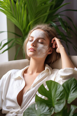 Fototapeta premium Spa salon accessories. Rest and relaxation. Skin care product package design. Woman in white spa salon with mask on face.