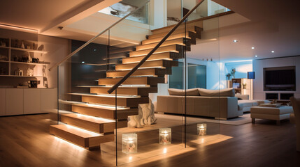 A trendy wooden staircase with transparent glass balustrades, illuminated subtly by LED lights under the handrails, in a stylish, open-plan house. - obrazy, fototapety, plakaty