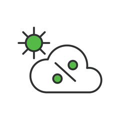 Cloud percentage solar panels icon in line design, green. Cloud, percentage, solar, panels, weather, efficiency isolated on white background vector. Cloud percentage solar panels editable stroke icon.