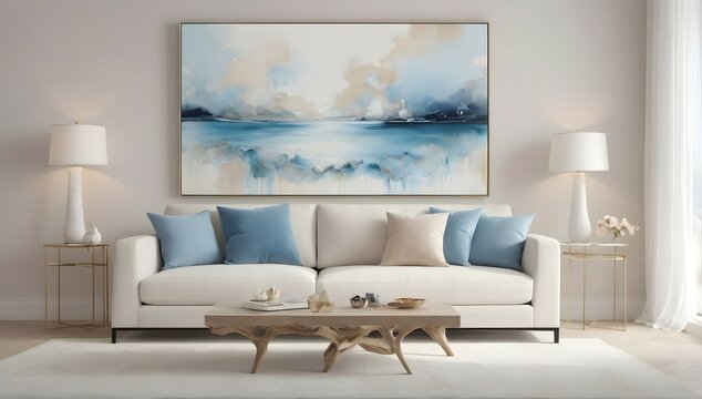 Abstract pastel blue and white painting on empty white wall behind beige couch with maritime pillows