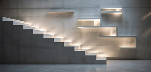 A unique concrete staircase with bookshelf integration, softly illuminated from below each step.