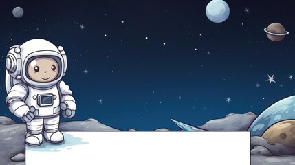 Astronaut cartoon illustration, greeting card template text copy space design. Childern theme.	
