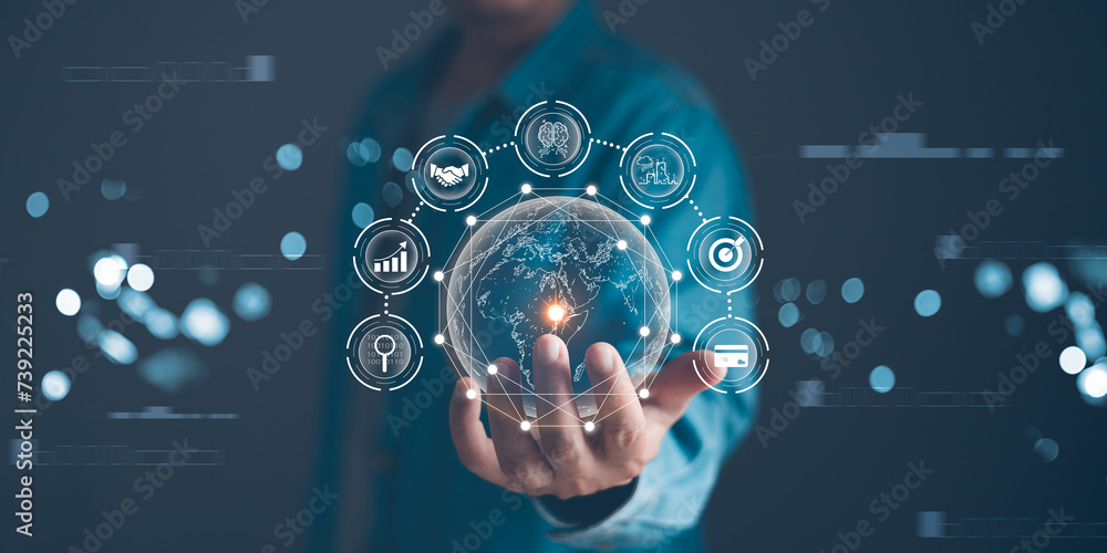 Poster ai information service management. person holds global to plan and target in business, using online 