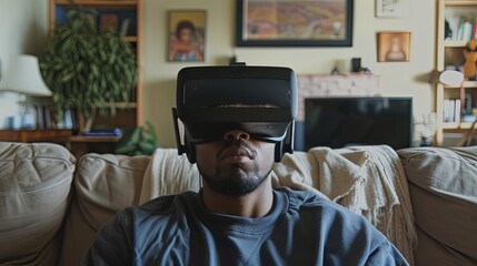 Portrait of sad black man wearing VR glasses at home.