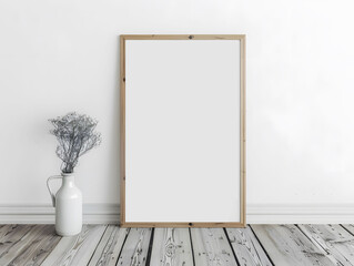 minimalistic vertical wooden frame mockup leaning against a plain wall