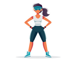 People with virtual fitness concept. Man and woman in virtual reality glasses at treadmill. Active lifestyle and sports, training in gym. Metaverse and cyberspace. Cartoon flat vector illustration