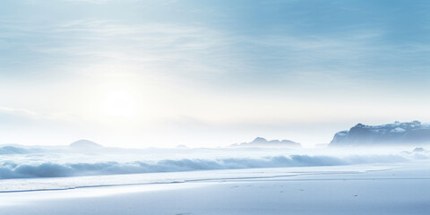 Serene ocean coastline with white mist. Tranquil landscape. Generative AI