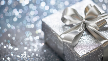 Gift box with silver-speckled wrapping paper, adorned with a silver ribbon, glitter, and light reflections in the background......