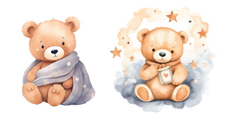teddy bear with night sky watercolor vector illustration
