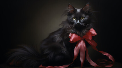 A cat with a ribbon-tied tail.