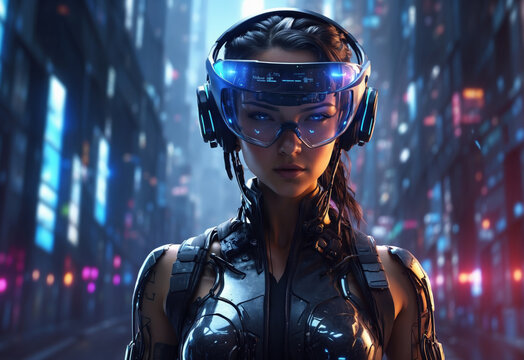 Illustration of a Cyberpunk female hacker. AI generated