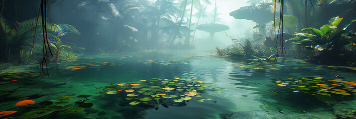 Obraz premium Tranquil Water Garden, Reflective Ponds Amidst Green Forests and Blooming Lotuses