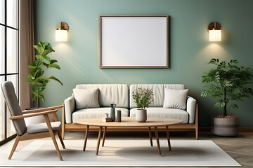 Warm and Cozy Composition of spring living room interior with mock-up poster frame, wooden sideboard, white sofa, green stand, base with leaves, plants, and stylish lamp, Home Decor Generative