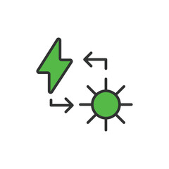 Converting sunlight to electricity icon in line design, green. Converting, sunlight, electricity, energy isolated on white background vector. Converting sunlight to electricity, editable stroke icon.