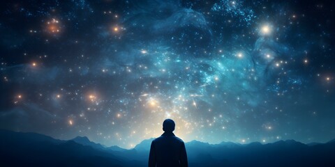 A man gazes at the mesmerizing wonders of the cosmos. Concept Cosmic Exploration, Space Observation, Universe Wonders, Stargazing Adventure, Astronomical pondering, - obrazy, fototapety, plakaty