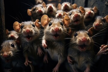 Large Group of Inquisitive Rats Peering From a Dark Enclosure