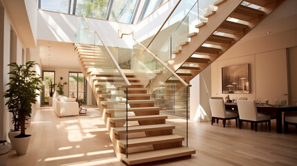 An elegant contemporary staircase with light oak steps and seamless glass railings, overlooking a sun-drenched atrium. - Powered by Adobe