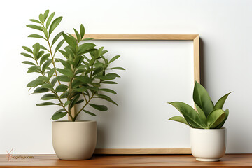 Poster mockup with a green plant and wooden frames on white. Generative AI