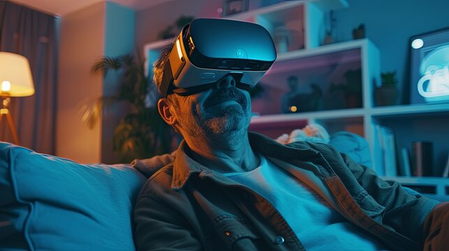 White ol man with virtual reality headset on chouch.