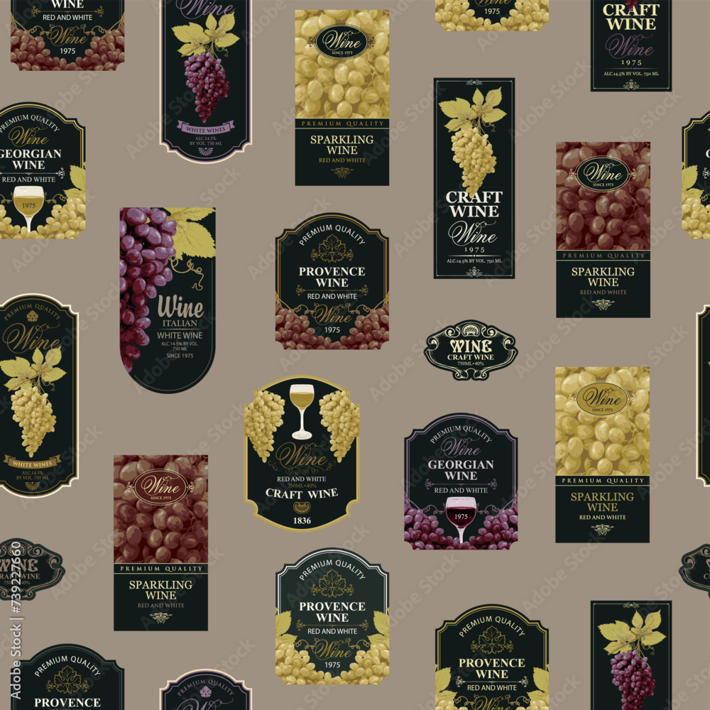 Poster seamless pattern with ornate wine labels in retro style. repeating vector background on the theme of