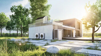 modern house building with heat pump, concept of Sustainable Energy Efficient Home - 739227641