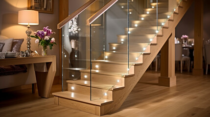 An elegant light oak staircase with glass sides, LED lighting under the handrails providing a soft...