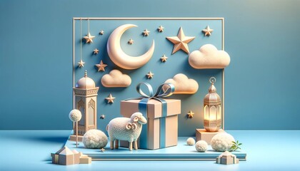 background with sheep and moon 3D rendered Eid ul Adha concept - obrazy, fototapety, plakaty