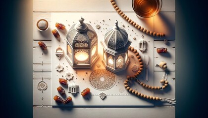Glowing arabic lantern on wooden floor with starry night sky background, Couple of glowing Moroccan ornamental lanterns on the table. Greeting card, invitation for Muslim holy month Ramadan Kareem.