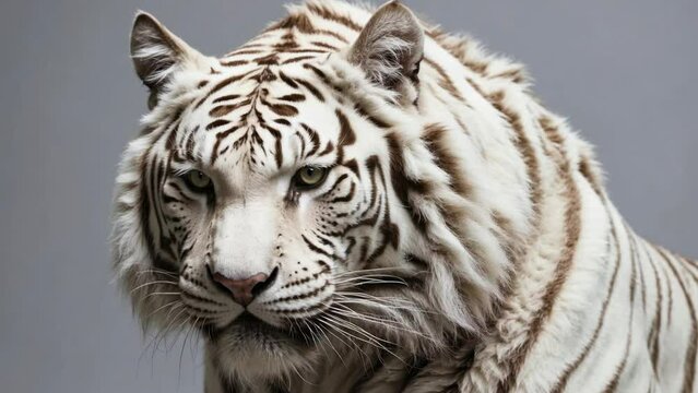 A majestic white tiger gazes intently, its piercing blue eyes and striking striped fur exuding a quiet strength and wild elegance, perfectly captured in a minimalist studio setting