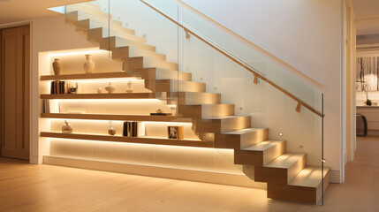 An elegant light pine staircase with transparent glass balustrades, subtly lit by discreet LED...