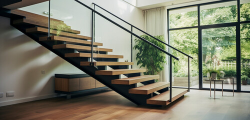 An elegant, L-shaped staircase with wooden steps and a minimalistic metal railing, in a contemporary home.