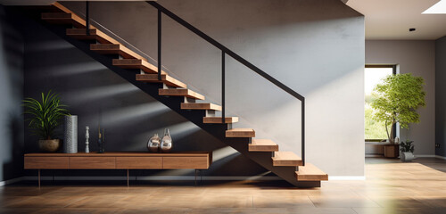 An elegant, L-shaped staircase with wooden steps and a minimalistic metal railing, in a...
