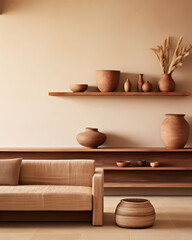 Contemporary Ceramic Design: A Bright and Rustic Home Interior with a Stack of Decorative Pottery on a Wooden Table