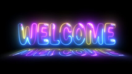 3D Neon Welcome text animation. Glowing neon sign welcome on black background. Welcome glowing neon text . Welcome neon light calligraphy banner. Neon welcome signboard