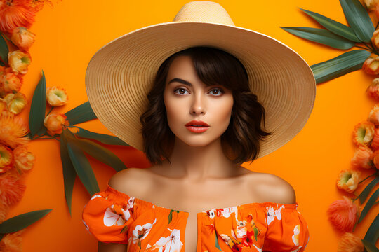 Eye-Catching Influencer Radiates Charm and Allure Against a Tropical Orange Backdrop.