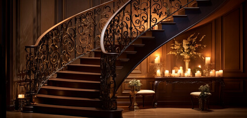 An elegant spiral staircase with polished dark wooden steps and ornate iron balusters, illuminated...