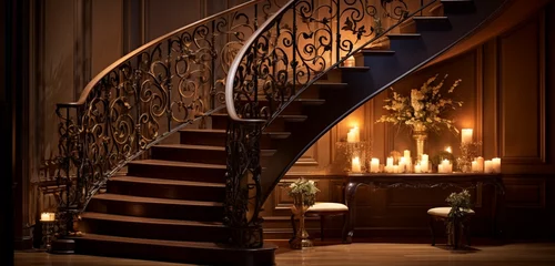 Fototapete Helix-Brücke An elegant spiral staircase with polished dark wooden steps and ornate iron balusters, illuminated by soft, under-stair lighting.