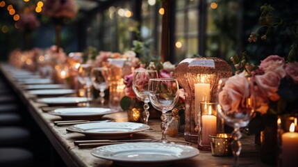 Wedding reception table setting, elegant tableware, candles, and floral centerpieces, focusing on the celebration and decor of the event, Photorealist