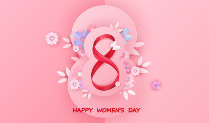 Happy women's day 8 march vector background with ribbon eight and paper cut flowers. International female pink illustration with paper floral design. Spring graphic.	
