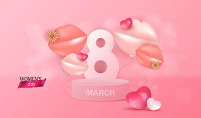 Happy women's day 8 march vector background with podium for display sale product. Illustration with lips and mouth balloons. Female holiday design with hearts and flowers.
- 739229030