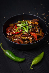 Korean food. Pultak pokkym. Chicken breast in batter with vegetables.